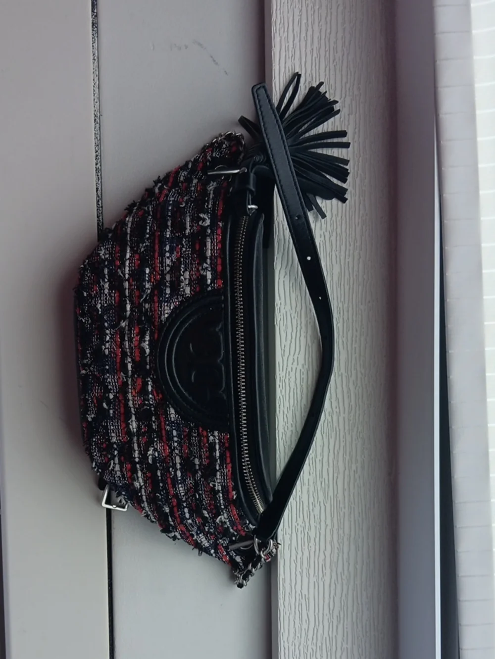 Tory Burch Black and Red Tweed Shoulder Bag with Tassel